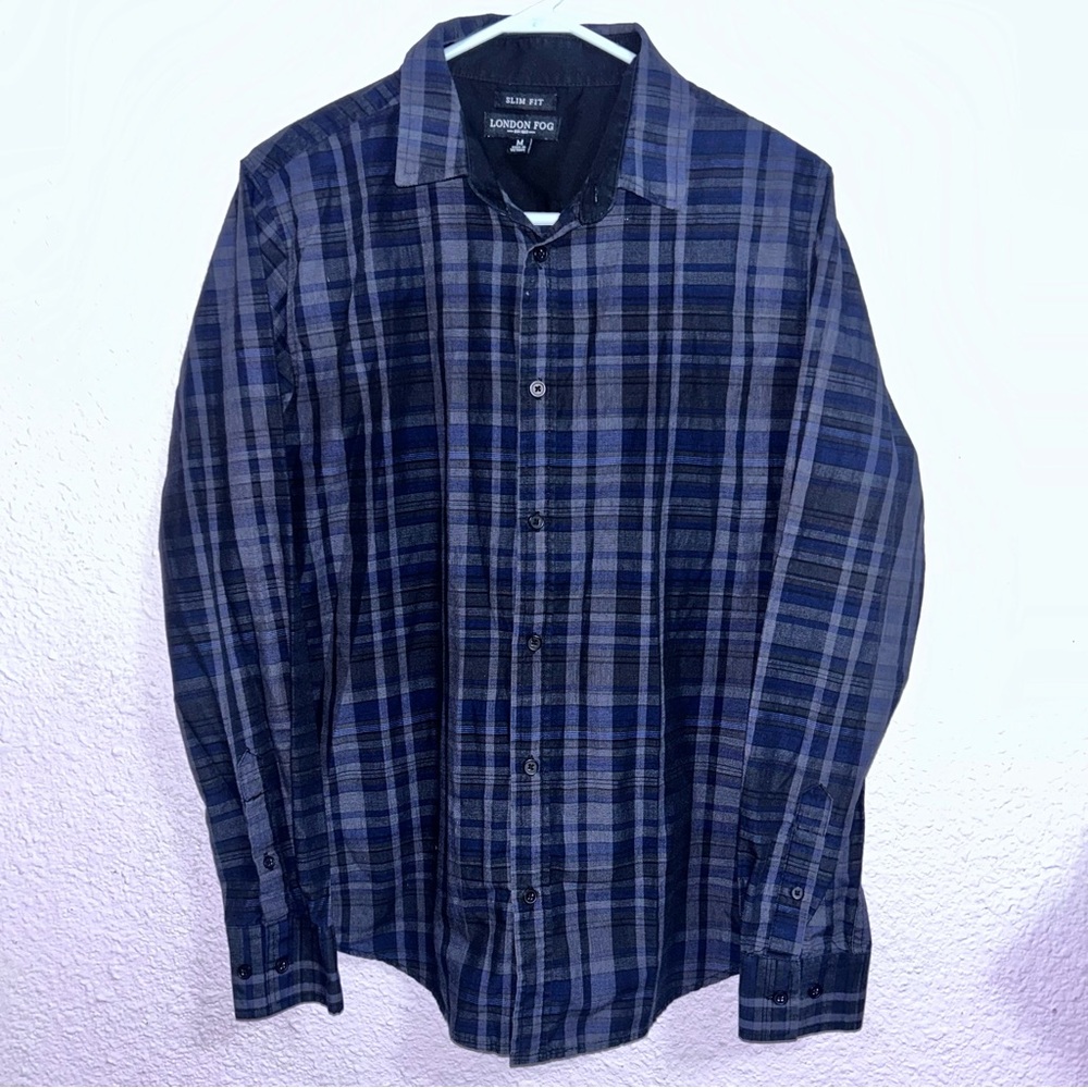 London Fog Men's Navy Plaid Button Down Shirt